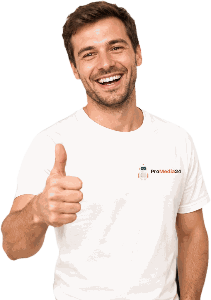 Leende man i ProMedia24-t-shirt med tummen upp