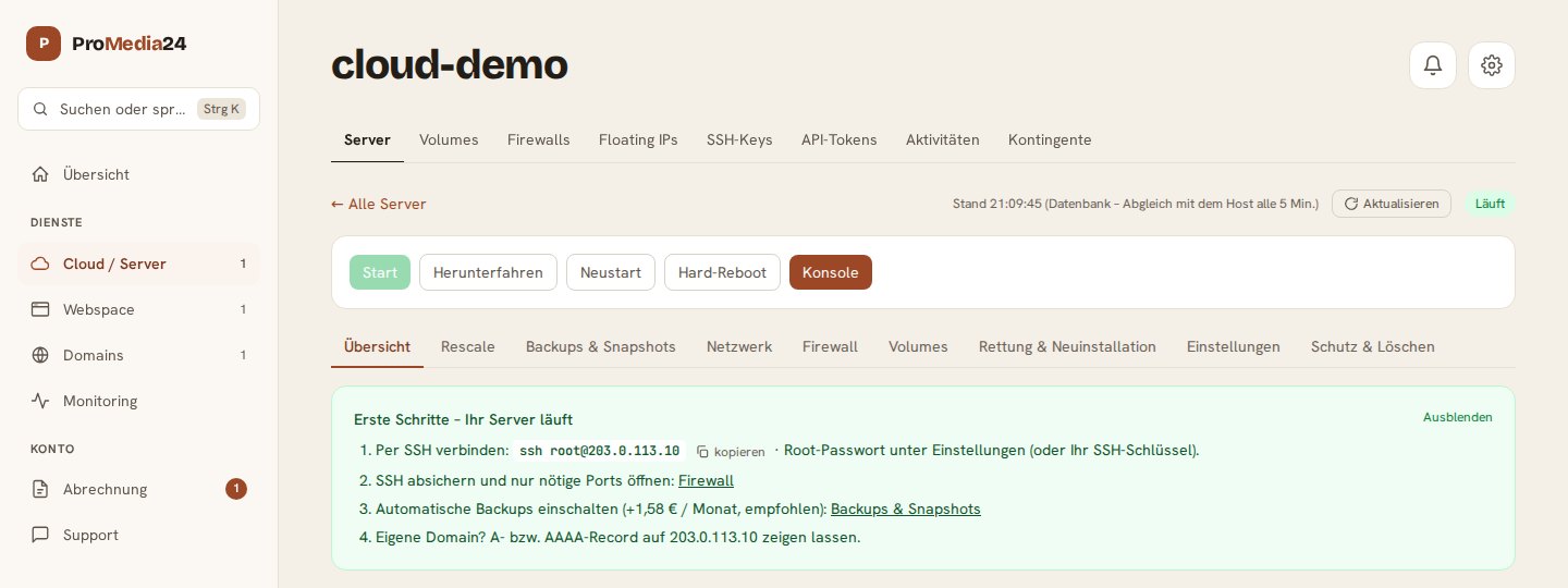 Detailseite eines Cloud-Servers