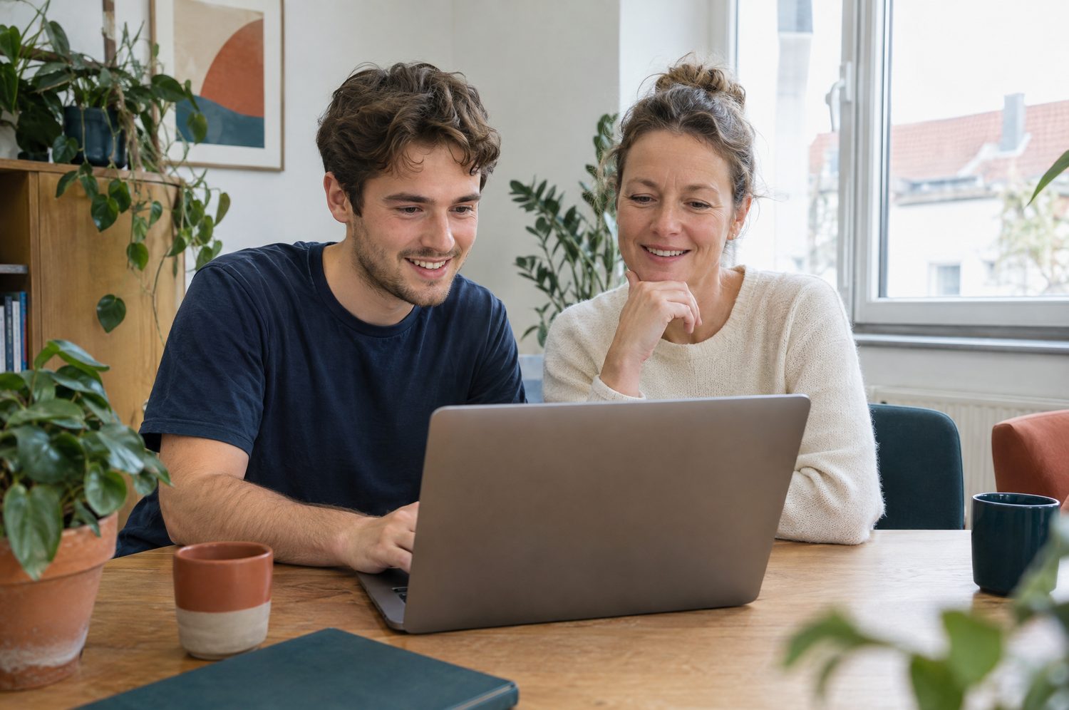 Zwei Mitarbeitende einer kleinen Agentur besprechen am Laptop ein Kundenprojekt