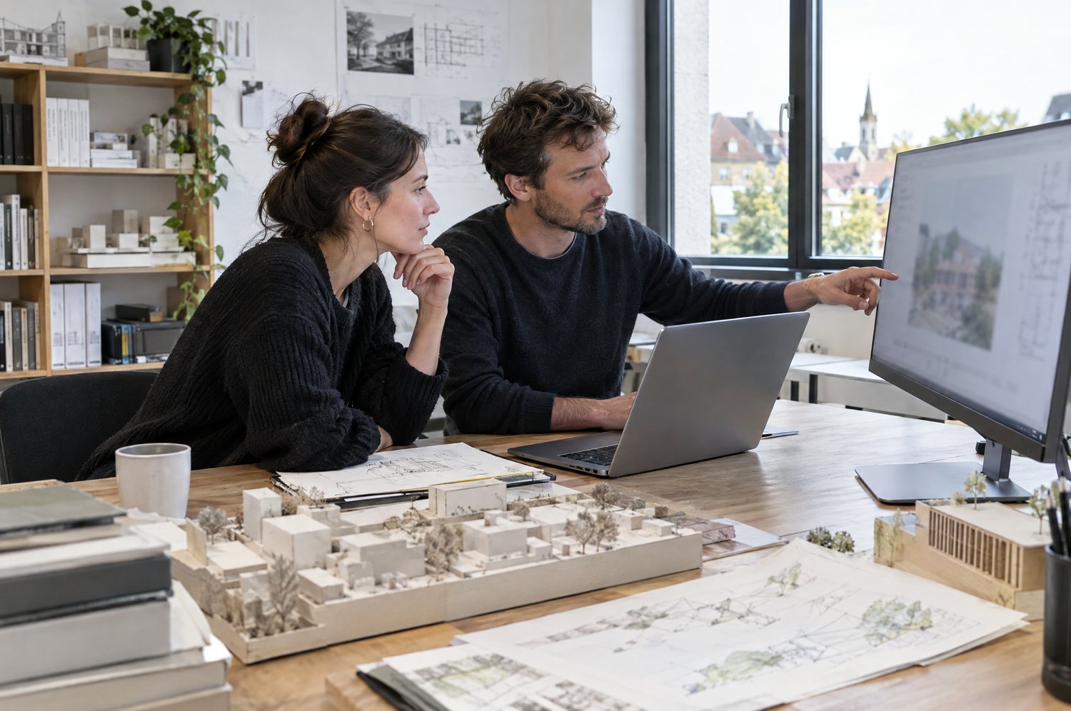 Zwei Architekten besprechen Pläne am Bildschirm