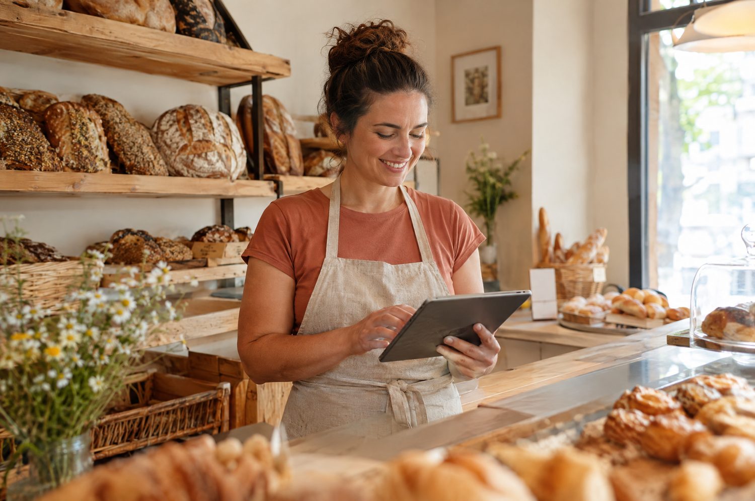 Inhaberin einer Bäckerei prüft am Tablet die Bestellungen ihres Onlineshops