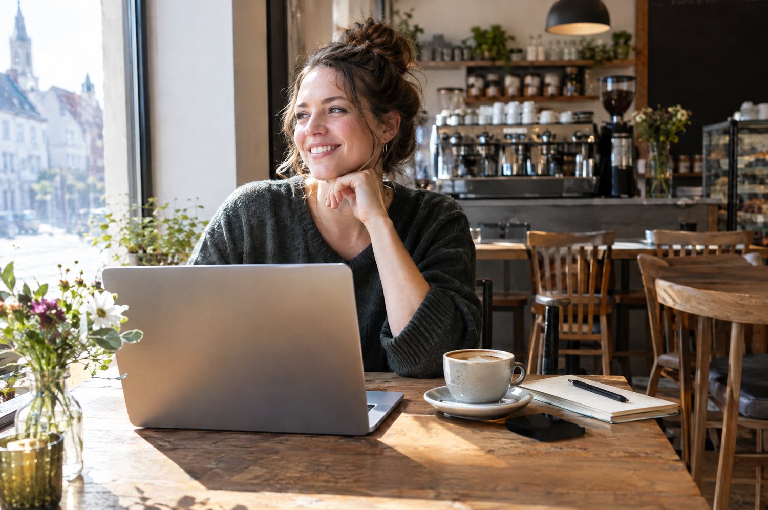 Gründerin mit Laptop in ihrem neuen Café