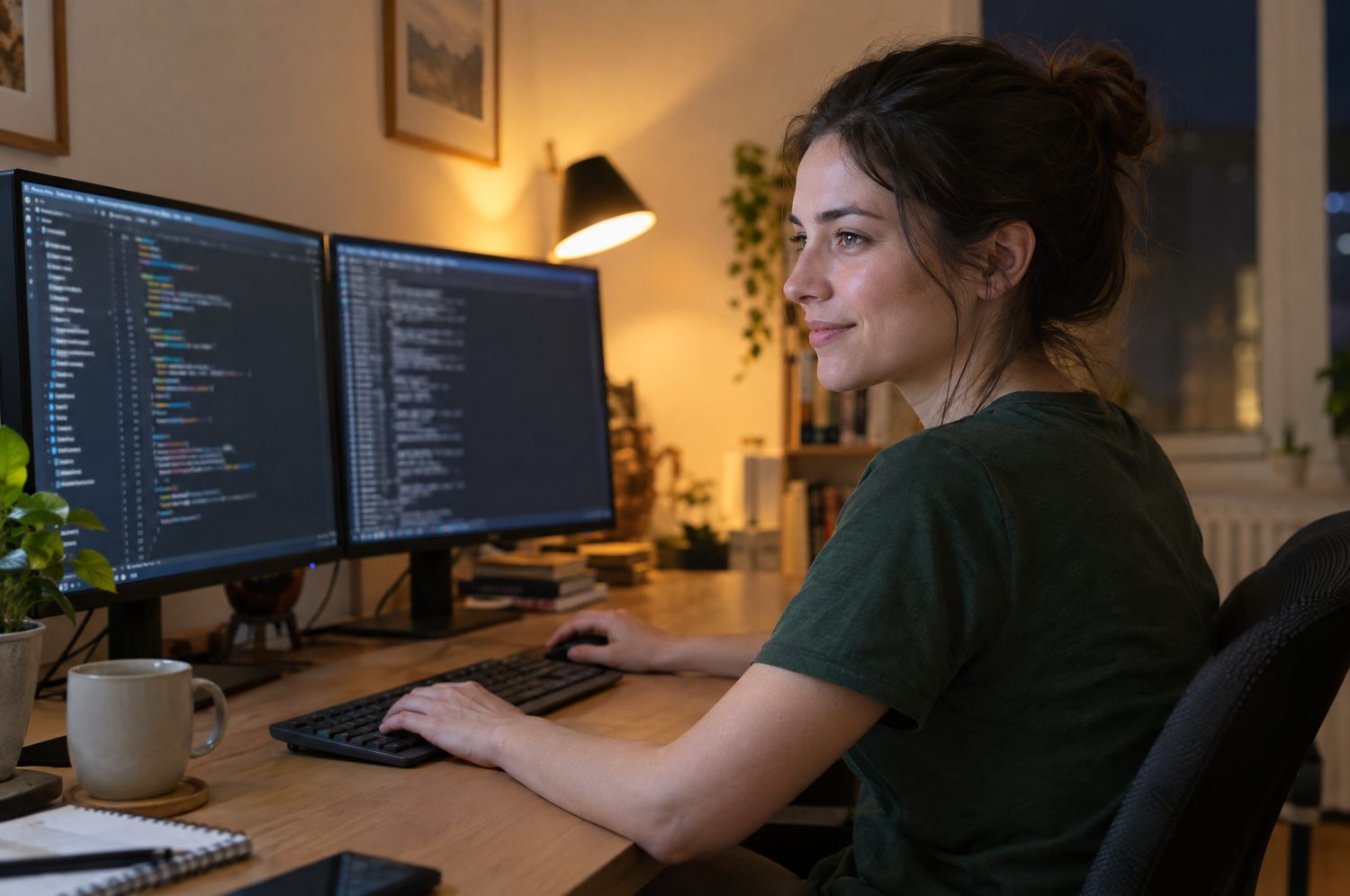 Entwicklerin arbeitet abends an zwei Monitoren mit Code und Terminal
