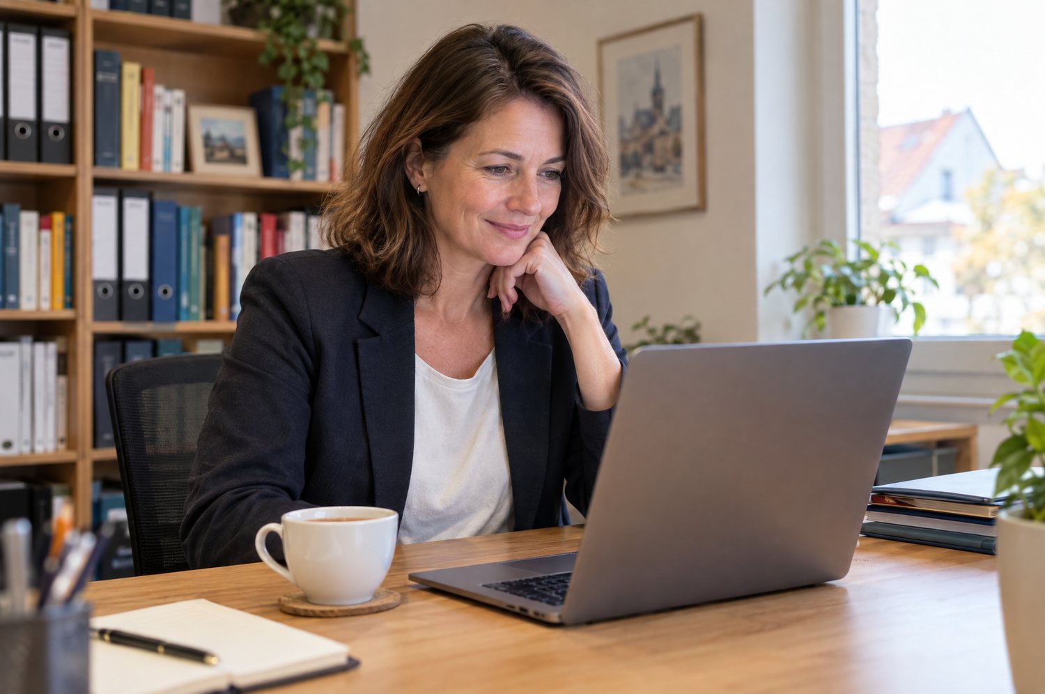 Steuerberaterin liest E-Mails am Laptop in ihrem Büro