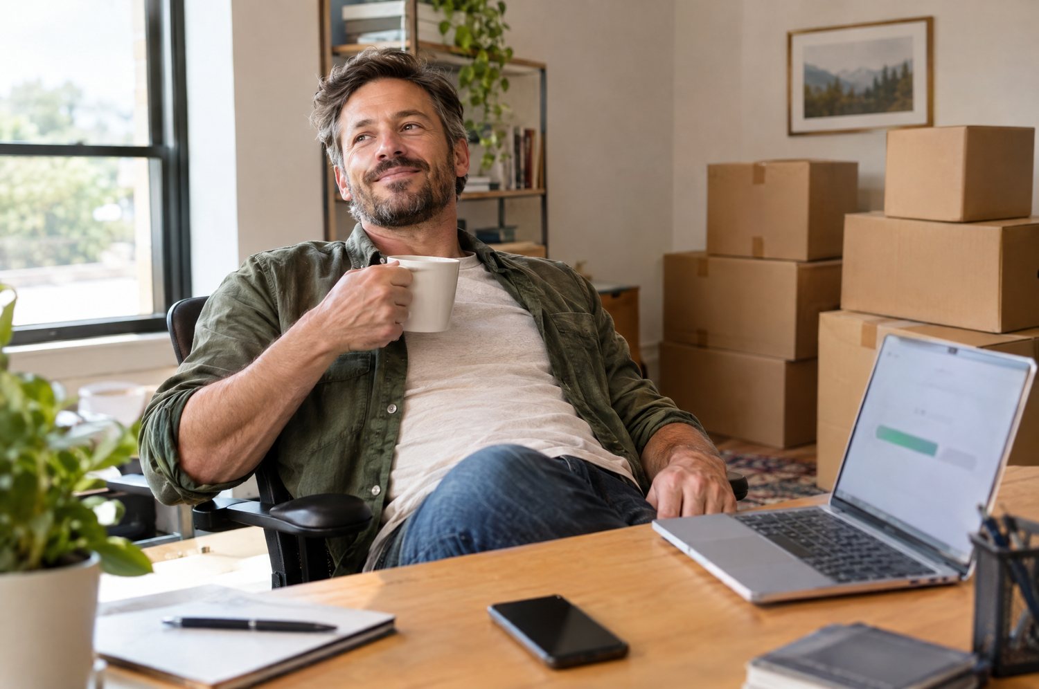 Entspannter Unternehmer mit Kaffee am Schreibtisch, im Hintergrund Umzugskartons