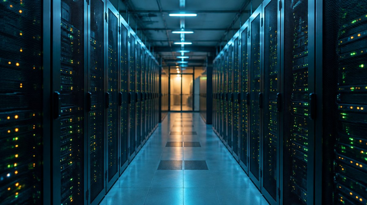 Gång i ett datacenter med serverrack