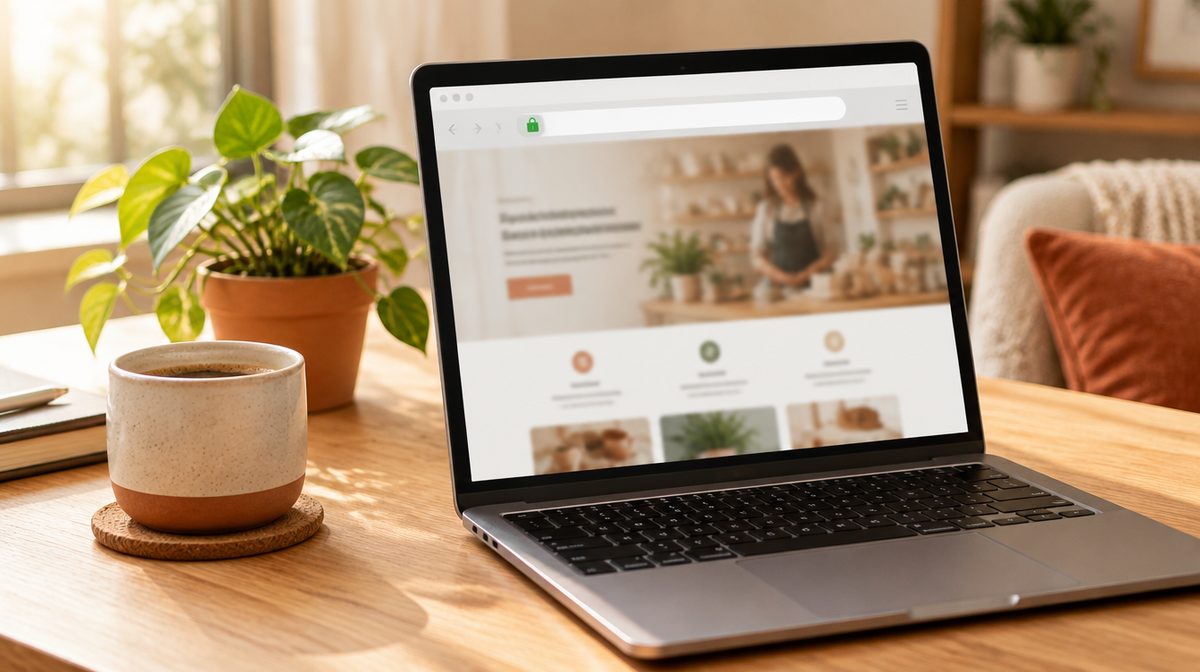 Laptop med en säker företagswebbplats på ett ljust skrivbord