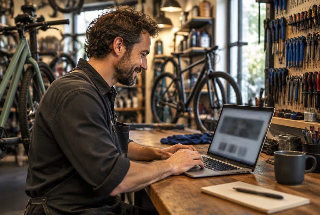 Fahrradhändler pflegt seine Website am Laptop in der Werkstatt