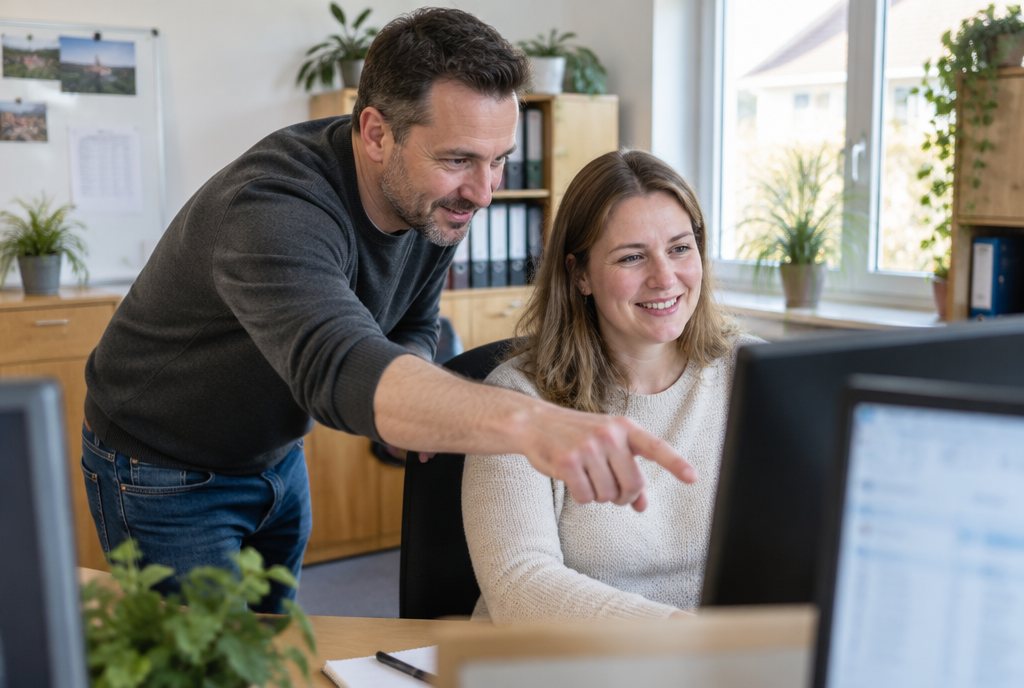 Techniker zeigt einer Mitarbeiterin etwas auf ihrem Bildschirm