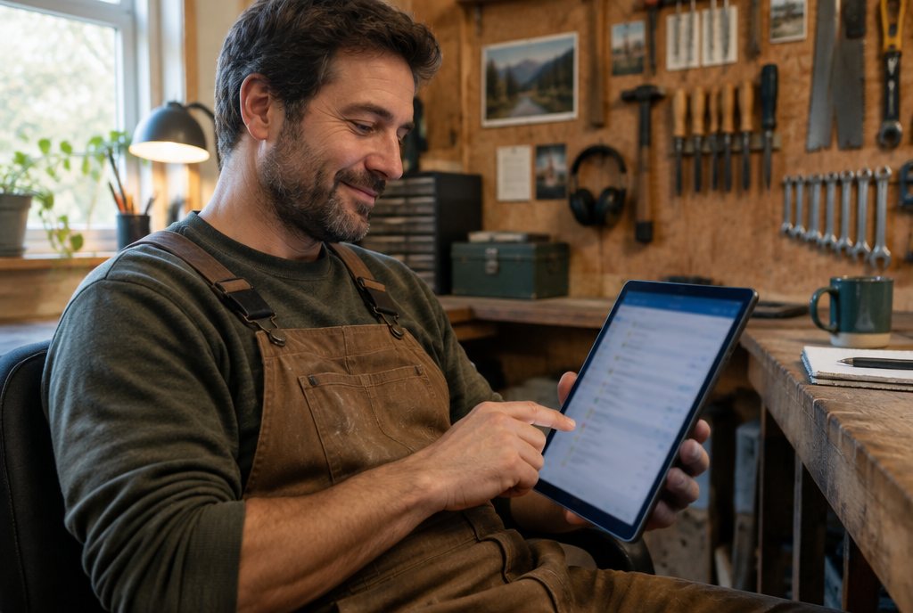 Artiġjan fil-workshop jiċċekkja messaġġi organizzati fuq it-tablet