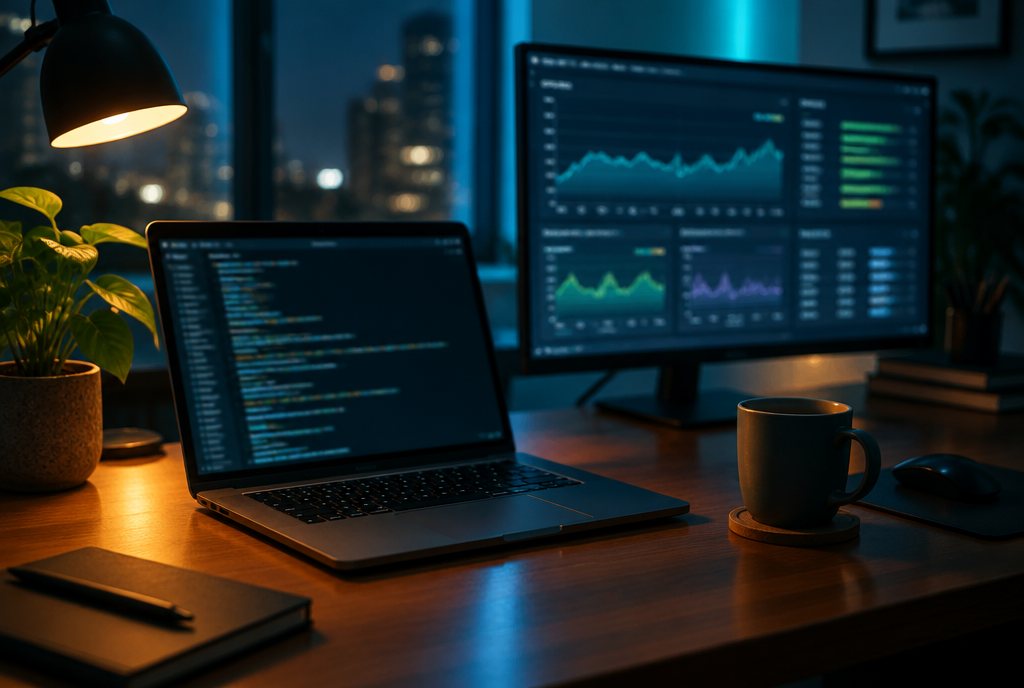 Schreibtisch mit Terminal und Auslastungsgrafik bei Nacht