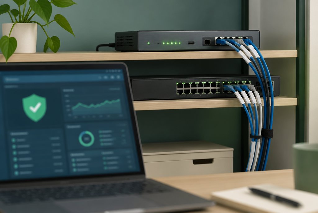 Firewall und Switch im Regal, davor ein Laptop mit Sicherheitsübersicht