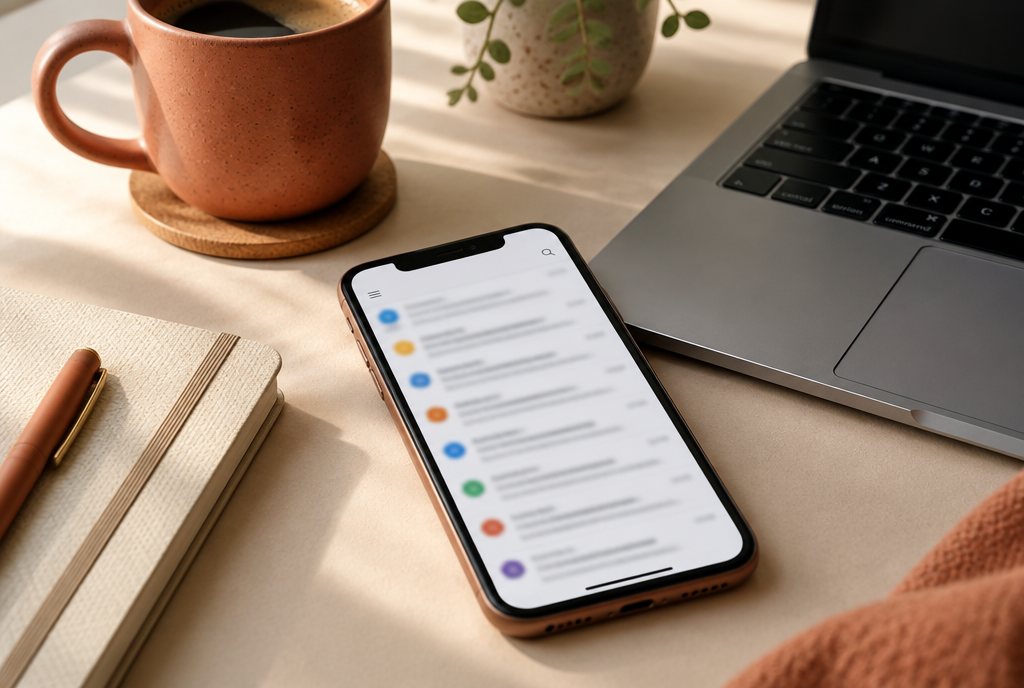 Smartphone mit aufgeräumtem Posteingang neben Laptop und Kaffee