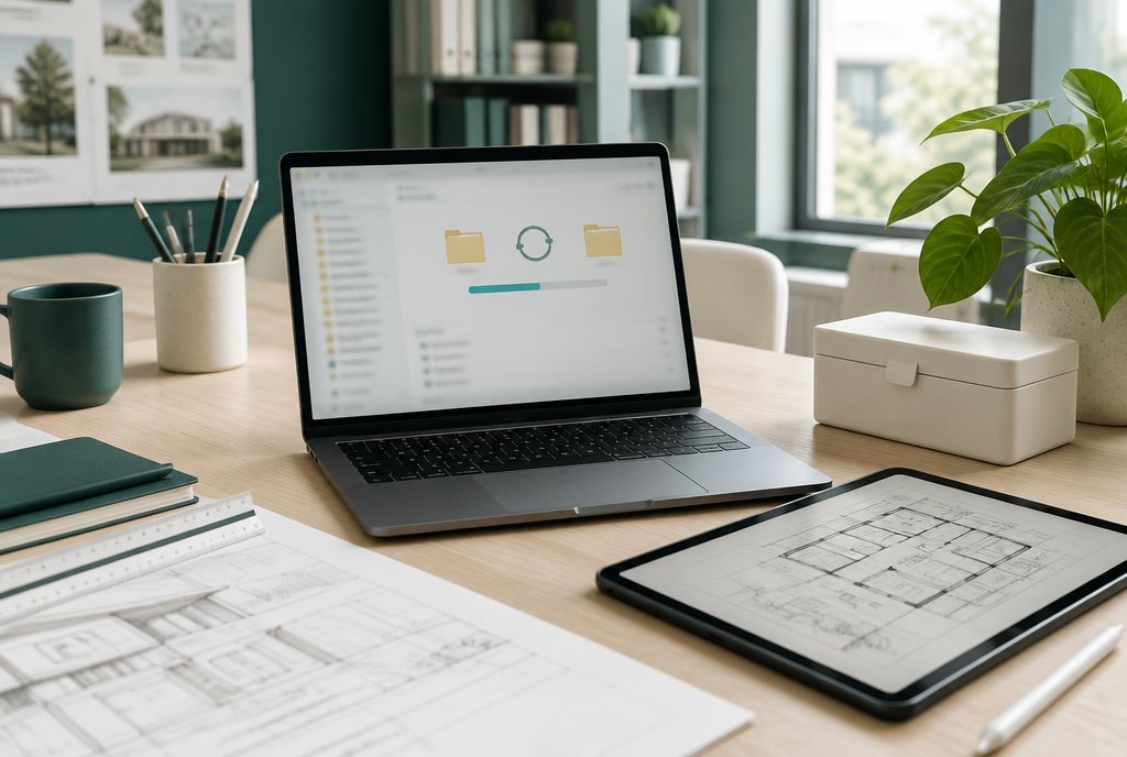 Architekturbüro-Tisch mit Laptop, Tablet und Grundriss