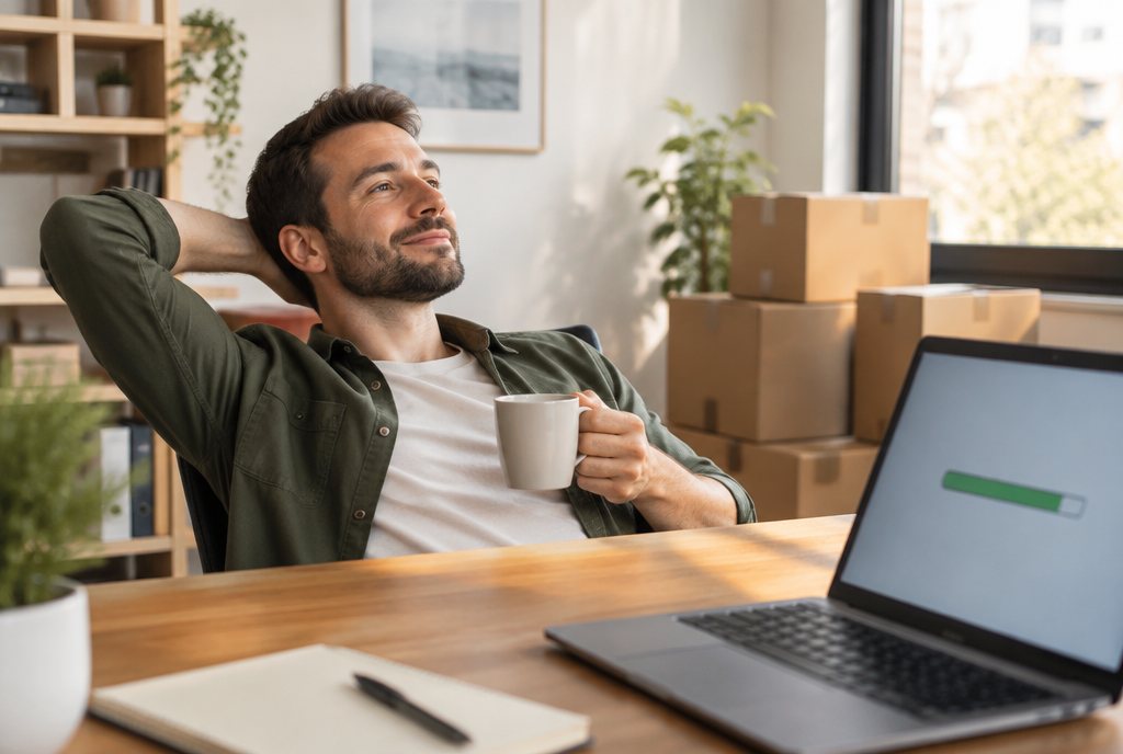 Entspannter Unternehmer mit Kaffee, auf dem Laptop läuft der Umzug