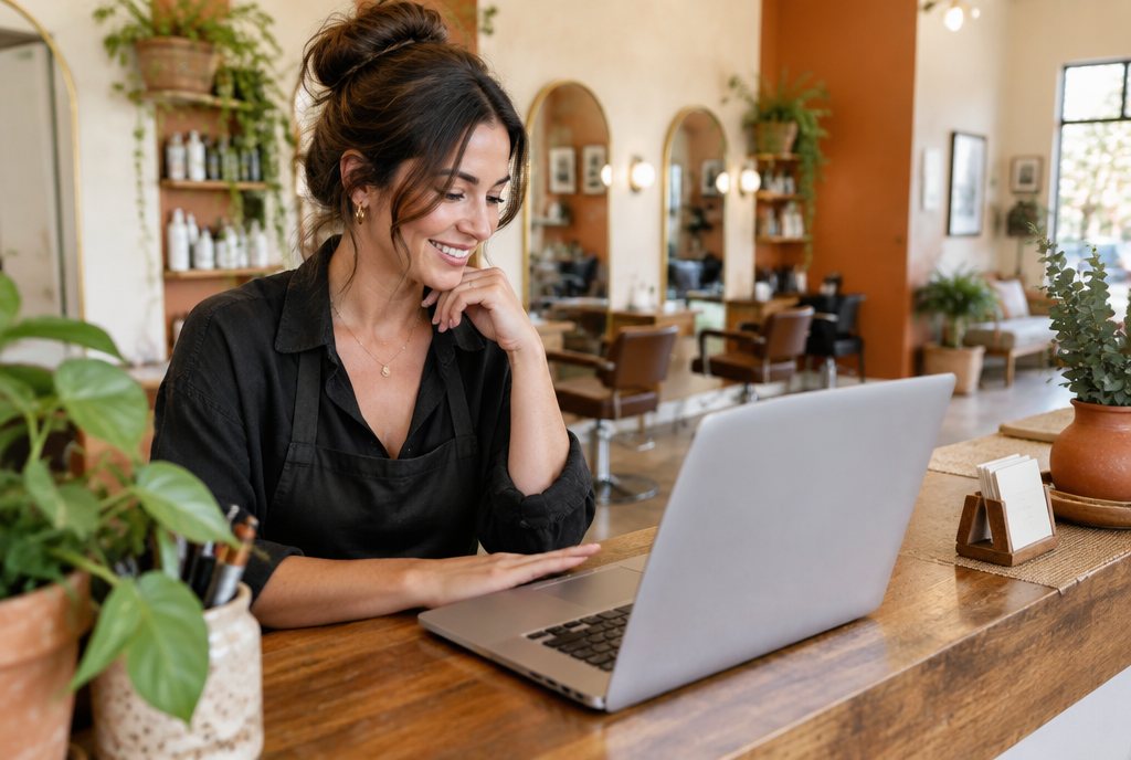 Friseurmeisterin sieht sich am Empfang ihre neue Website an