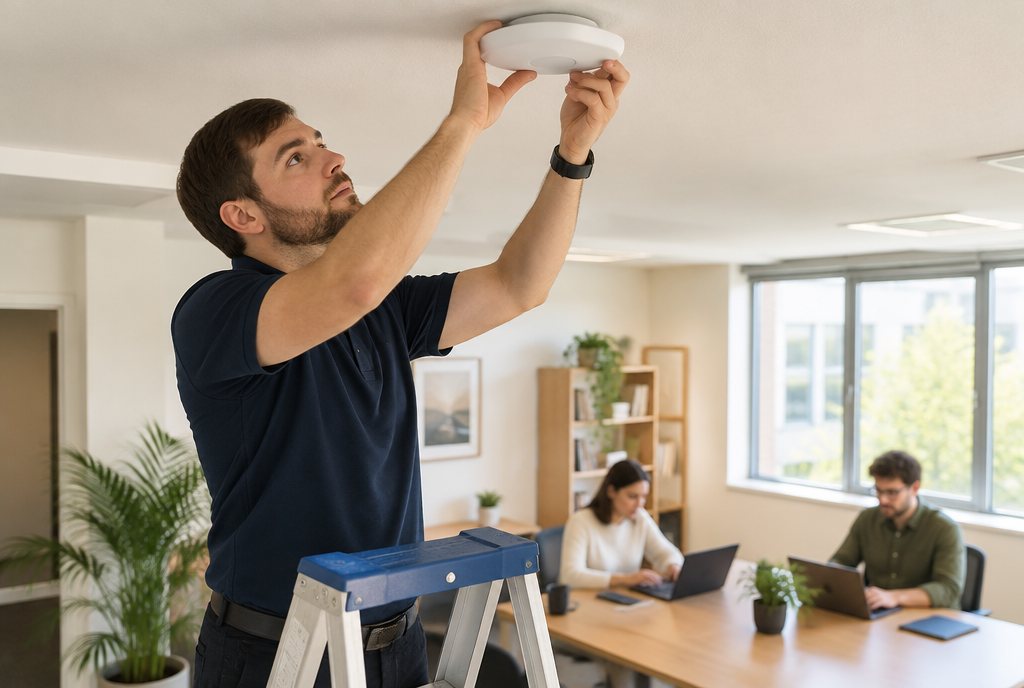 Techniker montiert einen WLAN-Zugangspunkt an der Bürodecke