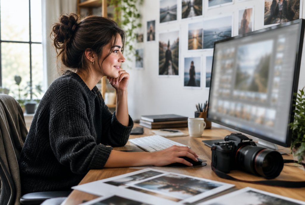 Fotografin bearbeitet ihre Portfolio-Website im Studio