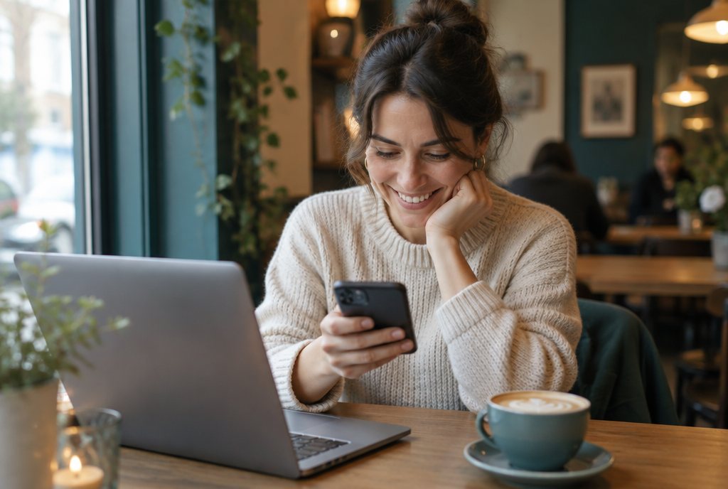 Frau liest im Café lächelnd eine E-Mail auf dem Smartphone