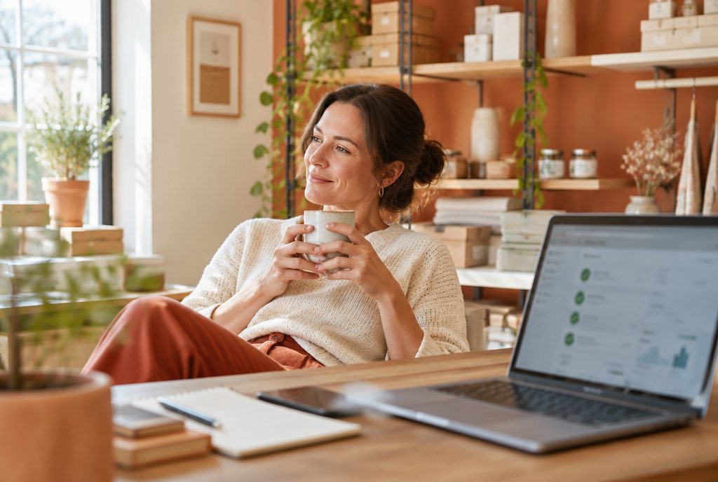 Inhaberin trinkt entspannt Tee, auf dem Laptop stehen grüne Haken