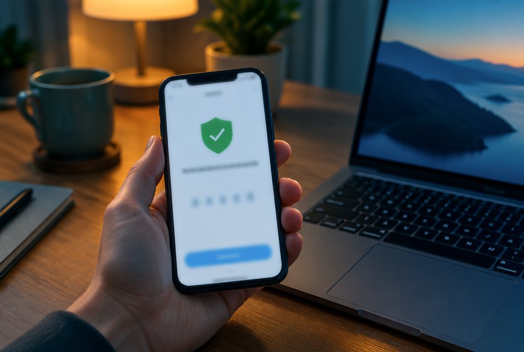 Smartphone zeigt eine Bestätigung mit grünem Schild neben einem Laptop