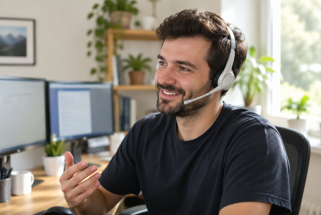 Freundlicher Techniker mit Headset erklärt etwas am Telefon
