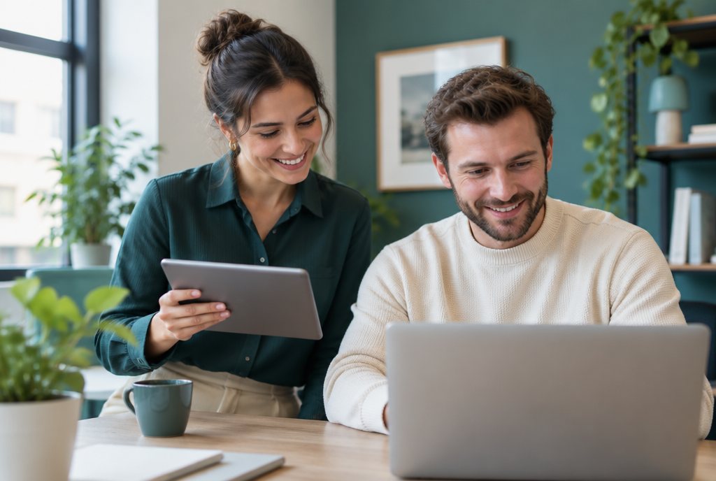 Zwei Kollegen teilen Dateien zwischen Tablet und Laptop