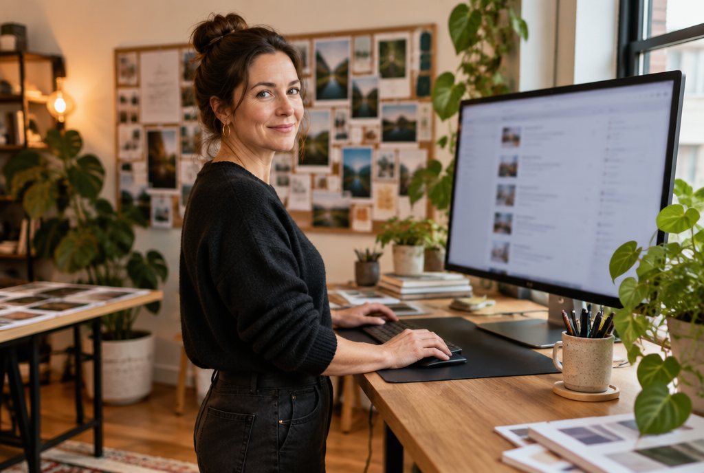 Agenturinhaberin am Stehpult vor einer Liste von Kundenwebsites