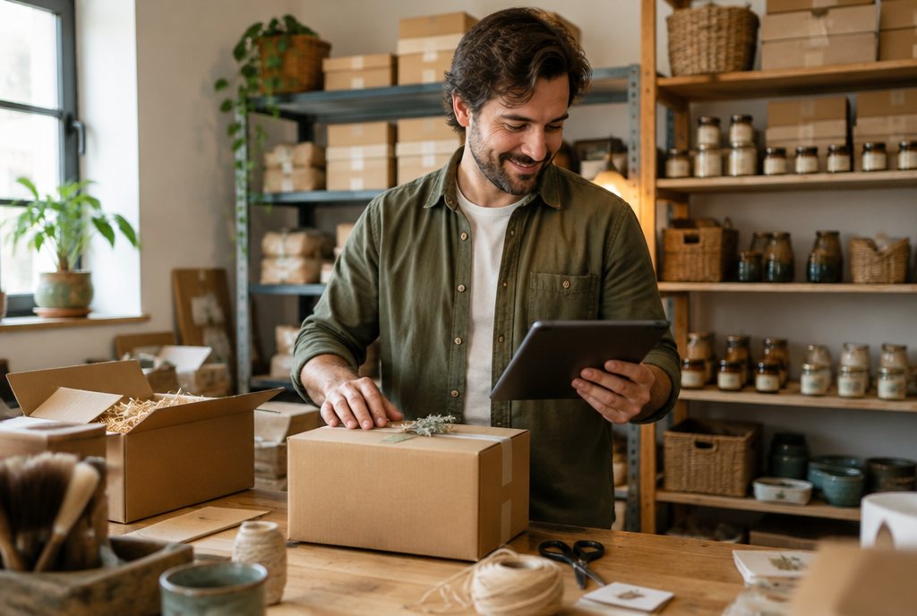 Ladeninhaber packt eine Online-Bestellung und prüft sie auf dem Tablet