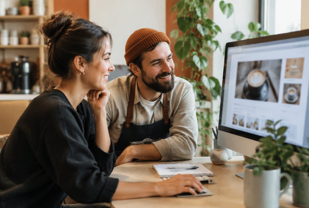 Webdesignerin und Café-Inhaber sehen sich gemeinsam einen Website-Entwurf an