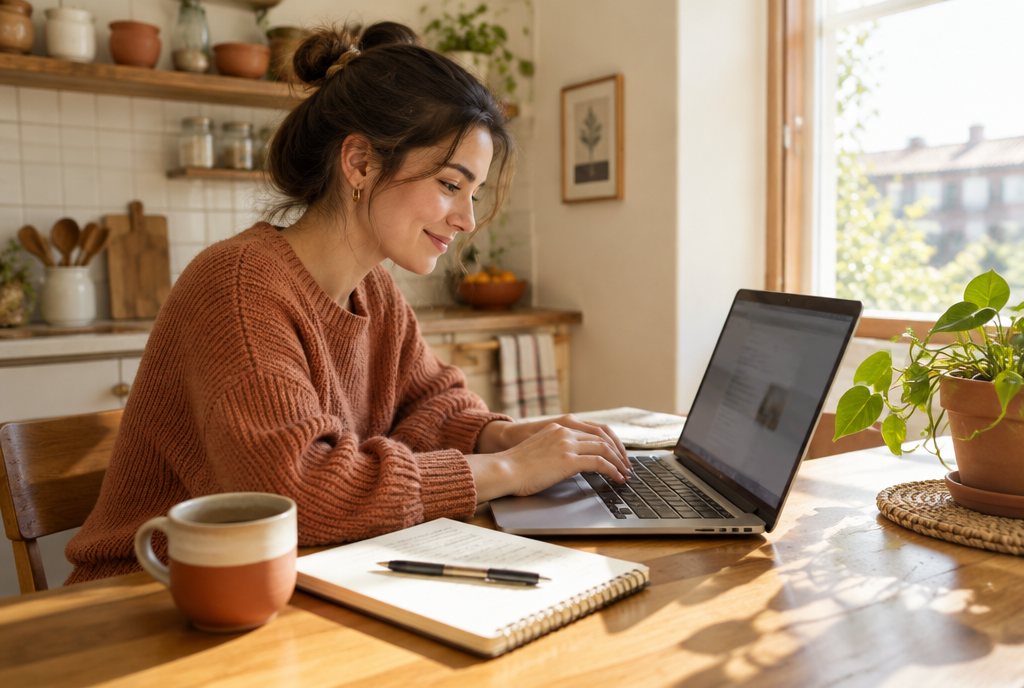 Frau schreibt am Küchentisch einen neuen Artikel auf dem Laptop