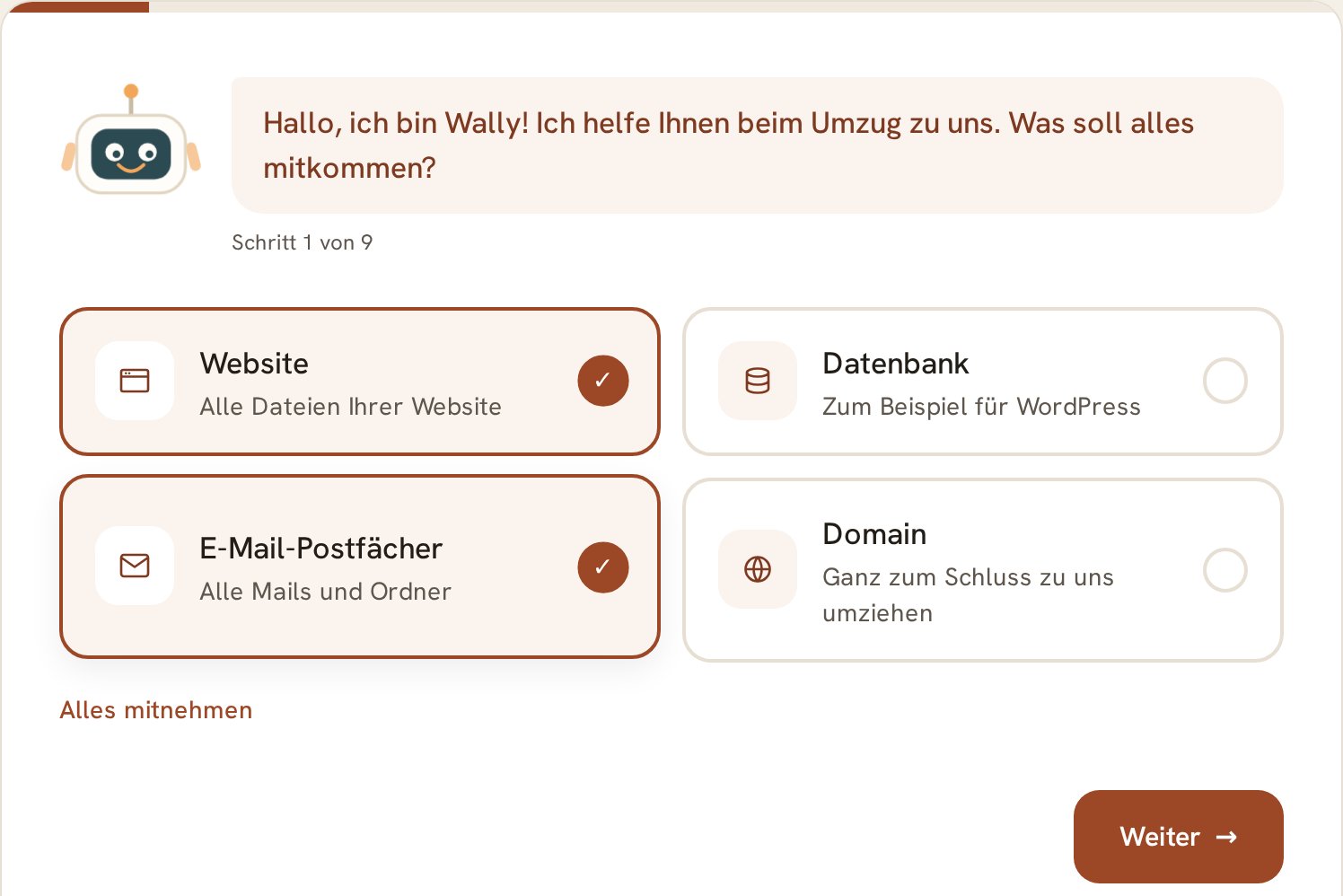 Der Umzugsassistent im Kundencenter: Wally fragt, um welche Domain es geht